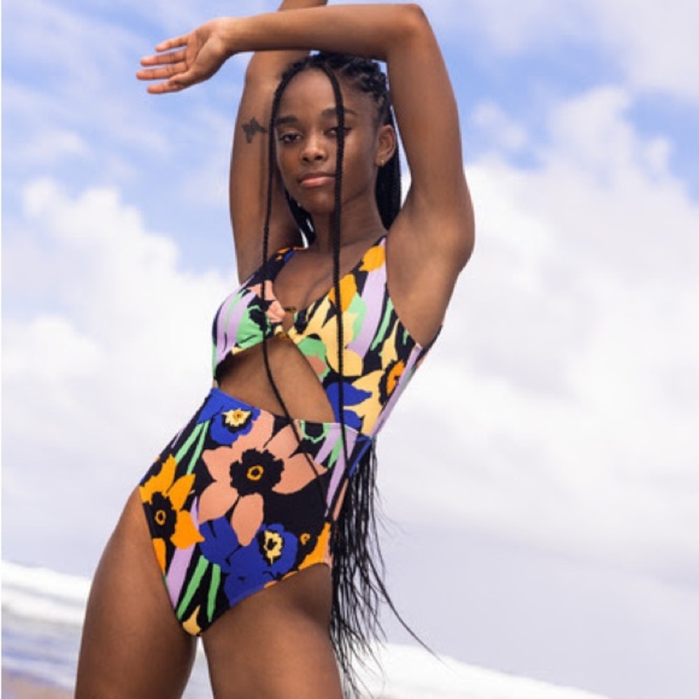 Roxy Floral Cutout One Piece Swimsuit XL Colorblock Tropical Print